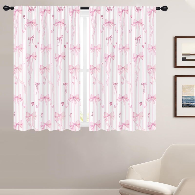 Coxila Pink Bow Window Curtains for Bedroom 52x63 Inch Rod Pocket Cute Girly Girls Kawaii Princess Pastel Design Romantic Beauty Aesthetic Home Living Room Treatment Set of 2 Curtain Panels Drapes - Image 1